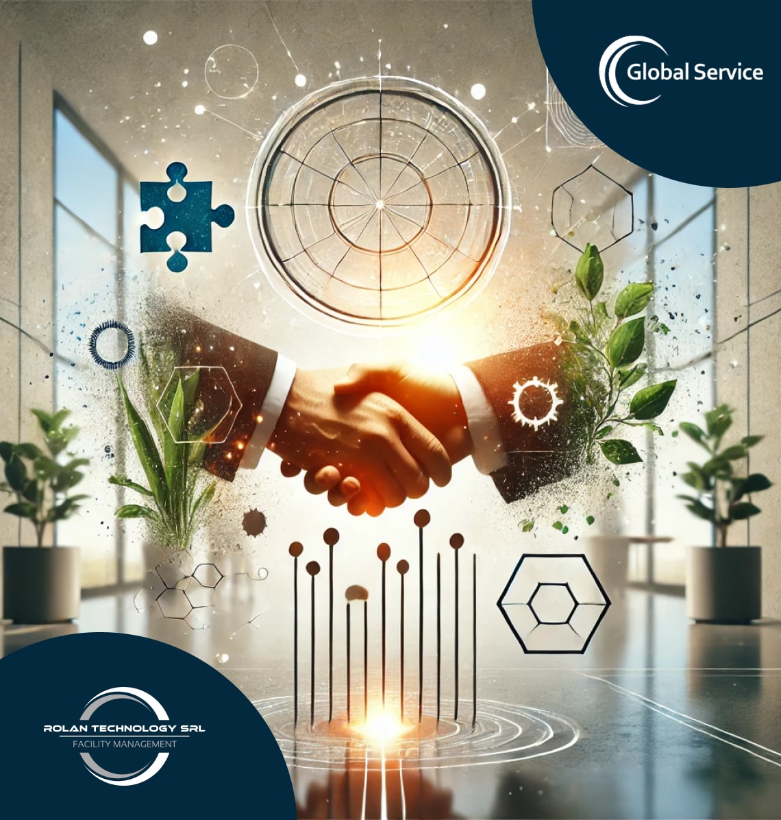 stretta di mano che rappresenta la collaborazione tra Rolan Tehnology e Global Service